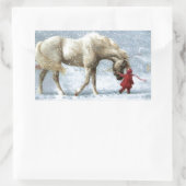 Sticker Rectangulaire Enfant À La Tête D'Un Cheval Dans La Neige (Sac)