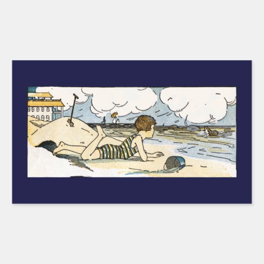 Sticker Rectangulaire Enfant sur la plage Art Vintage (Devant)