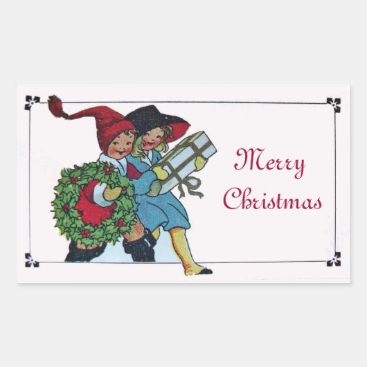 STICKER RECTANGULAIRE ENFANTS AVEC CADEAUX DE NOËL (Devant)