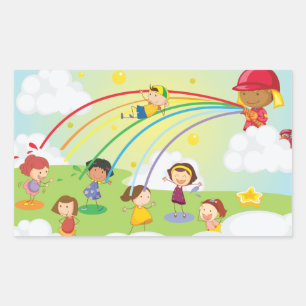 Sticker Rectangulaire Enfants Jouant Sous un Arroseur de Pompiers Arc-en