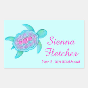 Sticker Rectangulaire Enfants nommés ID tortue coeurs aqua rose autocoll
