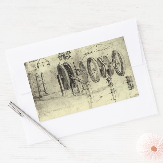 Sticker Rectangulaire Esquisse technique de Leonardo da Vinci d'une roue (Enveloppe)