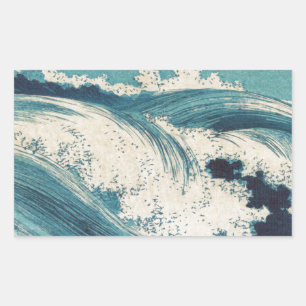 Sticker Rectangulaire Estampe antique japonaise sur bois Vagues bleues d