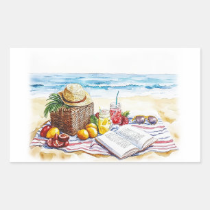 Sticker Rectangulaire Eté Plage Pique-nique Aquarelle Illustration - Vib