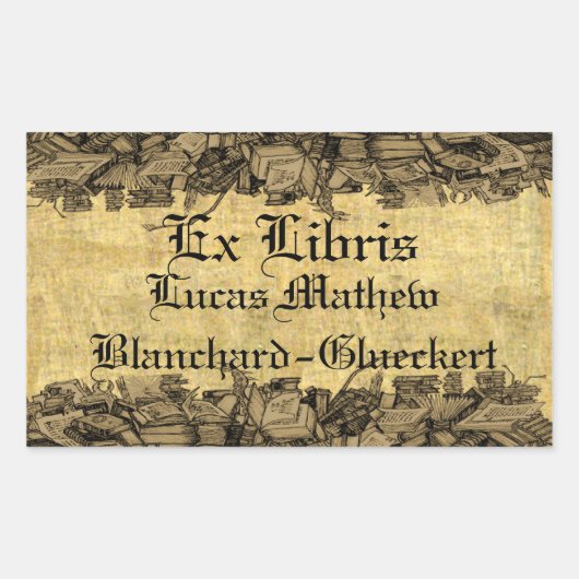 Sticker Rectangulaire Ex Libris - entouré de piles de livres Plaque de l (Devant)