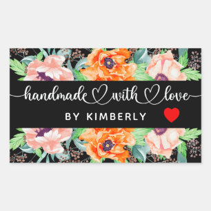 Sticker Rectangulaire Fait à la main avec amour Floral Black