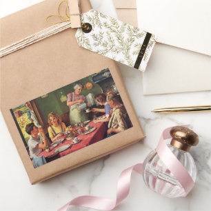 Sticker Rectangulaire Famille Vintage prenant son petit-déjeuner dans la