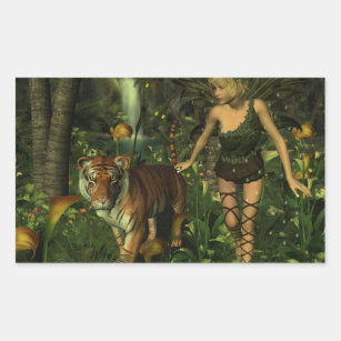 Sticker Rectangulaire Fée et tigre dans la jungle