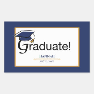 Sticker Rectangulaire Félicitations Diplômé, Casquette, Tassel, Bleu, Or