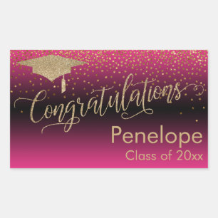Sticker Rectangulaire Félicitations Gold Confetti Graduation Hot Pink