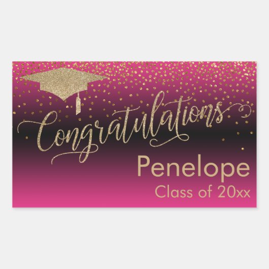 Sticker Rectangulaire Félicitations Gold Confetti Graduation Hot Pink (Devant)