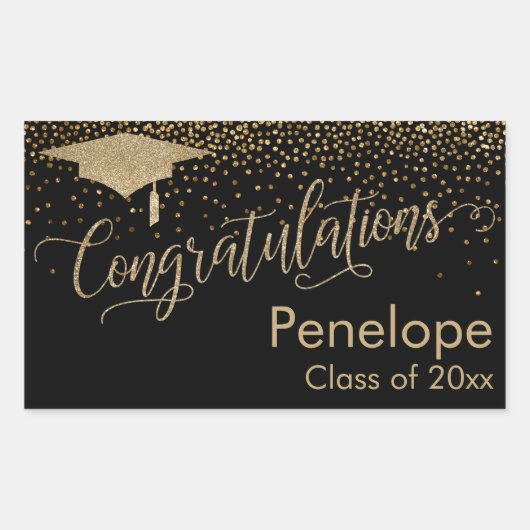 Sticker Rectangulaire Félicitations Gold Confetti Graduation Noir (Devant)