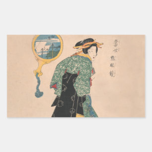 Sticker Rectangulaire Femme de kimono japonais antique Ukiyo-e gravure s