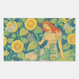 Sticker Rectangulaire Femme-fille de fleurs dans le jardin de tournesol