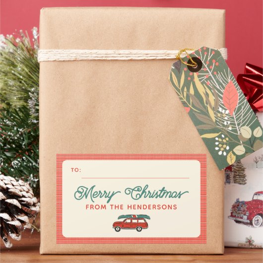 Sticker Rectangulaire Fêtes personnalisées Retro Red Wagon Noël (vacances)