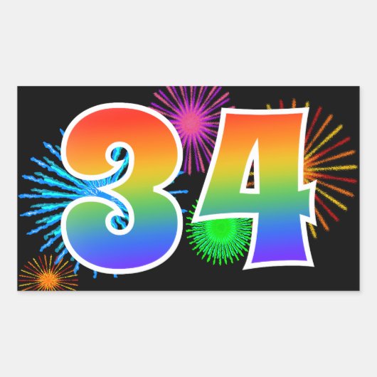Sticker Rectangulaire Feu d'artifice amusant + motif arc-en-ciel Numéro (Devant)