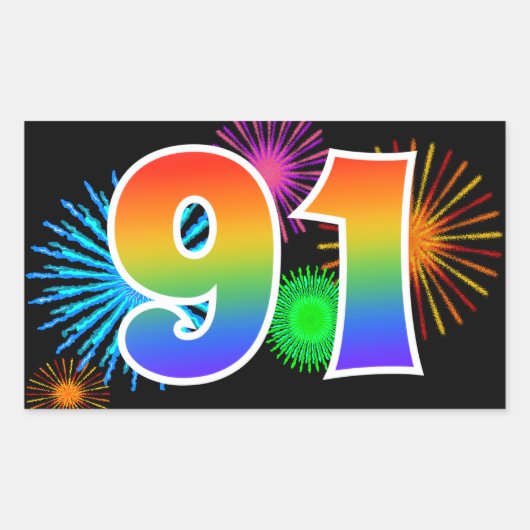 Sticker Rectangulaire Feu d'artifice amusant + motif arc-en-ciel Numéro (Devant)