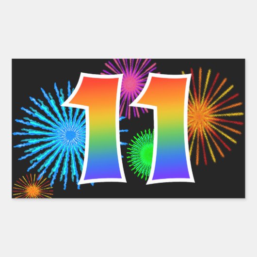 Sticker Rectangulaire Feu d'artifice amusant + motif arc-en-ciel Numéro  (Devant)