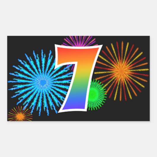 Sticker Rectangulaire Feu d'artifice amusant + motif arc-en-ciel Numéro (Devant)
