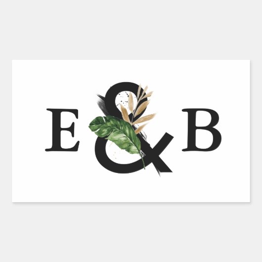 Sticker Rectangulaire Feuilles tropicaux Faux Gold Foil Mariage Monogram (Devant)