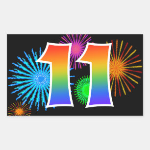 Sticker Rectangulaire Feux d'artifice amusants + Motif arc-en-ciel "11"