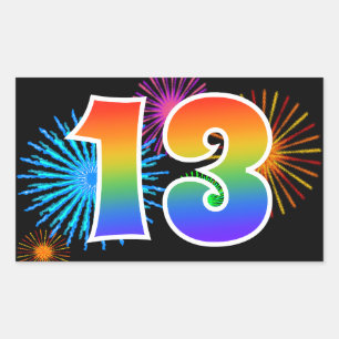 Sticker Rectangulaire Feux d'artifice amusants + Motif arc-en-ciel "13"