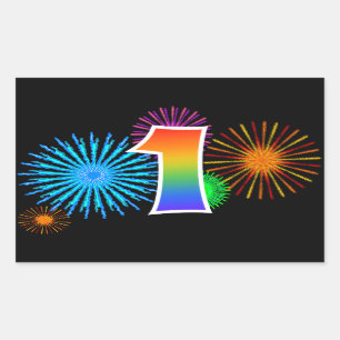 Sticker Rectangulaire Feux d'artifice amusants + Motif Arc-en-ciel "1" N