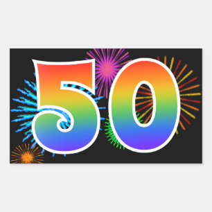 Sticker Rectangulaire Feux d'artifice amusants + Motif arc-en-ciel "50"