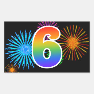 Sticker Rectangulaire Feux d'artifice amusants + Motif arc-en-ciel "6" N