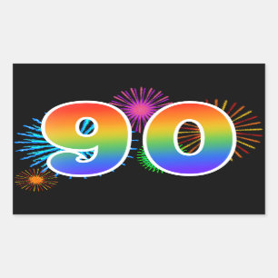 Sticker Rectangulaire Feux d'artifice amusants + Motif arc-en-ciel "90" 