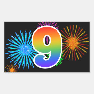 Sticker Rectangulaire Feux d'artifice amusants + Motif arc-en-ciel "9" N
