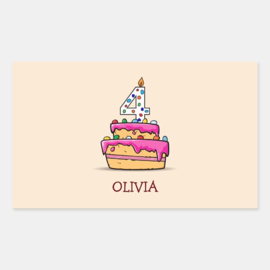 Sticker Rectangulaire Fille 4e anniversaire, 4 sur Gâteau rose doux (Devant)
