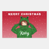 Sticker Rectangulaire Fille avec grenouille verte Hoody Dessin Noël (Devant)