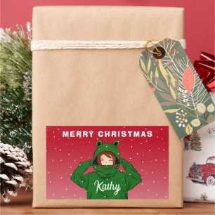 Sticker Rectangulaire Fille avec grenouille verte Hoody Dessin Noël