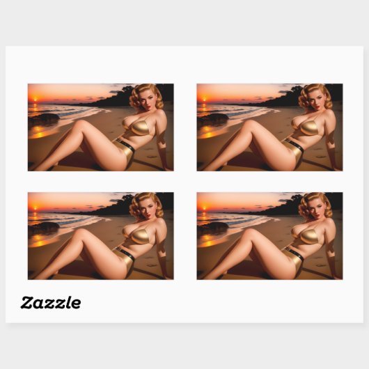 Sticker Rectangulaire Fille dans le Bikini d'or (Feuille)