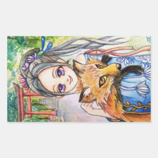Sticker Rectangulaire Fille Holding Fox