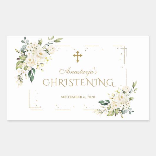 Sticker Rectangulaire Fleurs blanches élégantes Confetti Or Christening (Devant)
