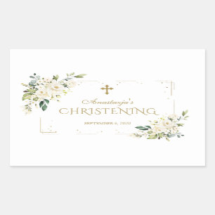 Sticker Rectangulaire Fleurs blanches élégantes Confetti Or Christening