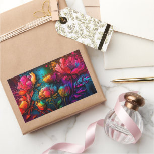 Sticker Rectangulaire Fleurs de néon, coloré, bouquet, plaque d'encre