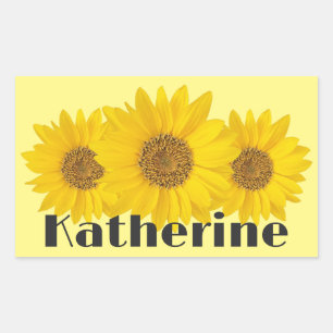 Sticker Rectangulaire Fleurs de soleil jaunes Nom personnalisé