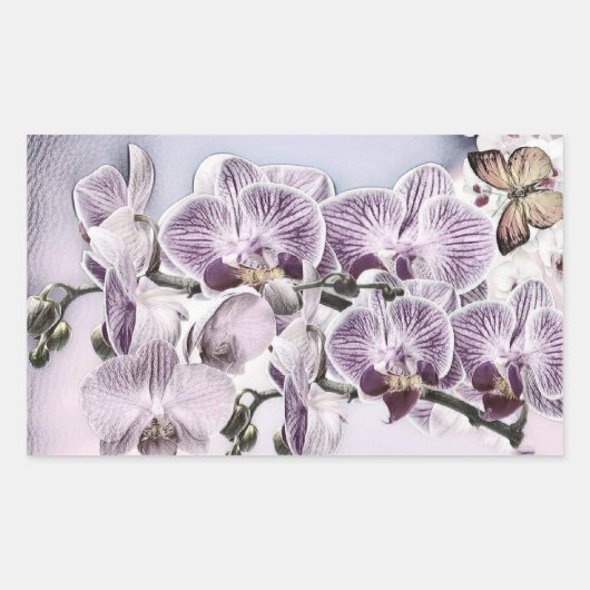 Sticker Rectangulaire Fleurs d'orchidées roses et dessin de papillon (Devant)