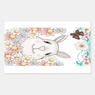 Sticker Rectangulaire Fleurs et papillons lapins mignons