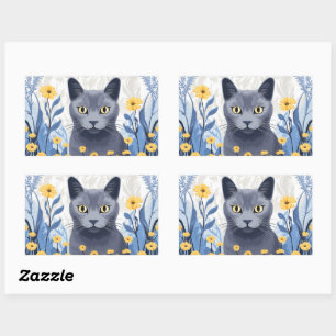 Sticker Rectangulaire Fleurs Jaunes Chat Bleu Russe