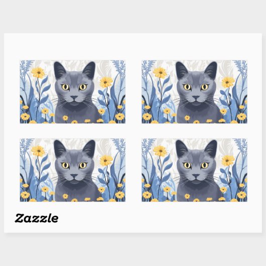 Sticker Rectangulaire Fleurs Jaunes Chat Bleu Russe (Feuille)