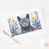 Sticker Rectangulaire Fleurs Jaunes Chat Bleu Russe (Enveloppe)
