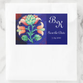 STICKER RECTANGULAIRE FLEURS STYLISÉES, MONOGRAMME FLORAL BLEU VERT ROSE (Sac)