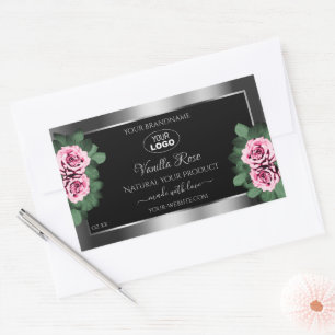 Sticker Rectangulaire Floral Rose Roses Argent Noir Produit Logo Étiquet