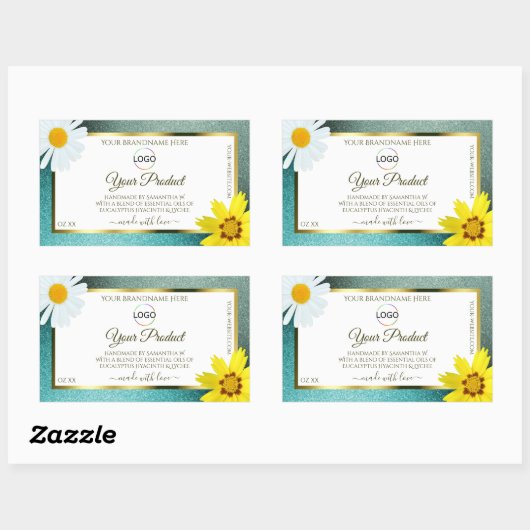 Sticker Rectangulaire Floral Turquoise Bleu Parties scintillant Blanc Pr (Feuille)