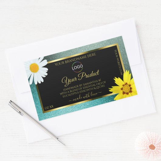 Sticker Rectangulaire Floral Turquoise Blue Parties scintillant Noir Pro (Enveloppe)