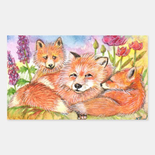 Sticker Rectangulaire Foxes dans le patch de fleurs (Devant)